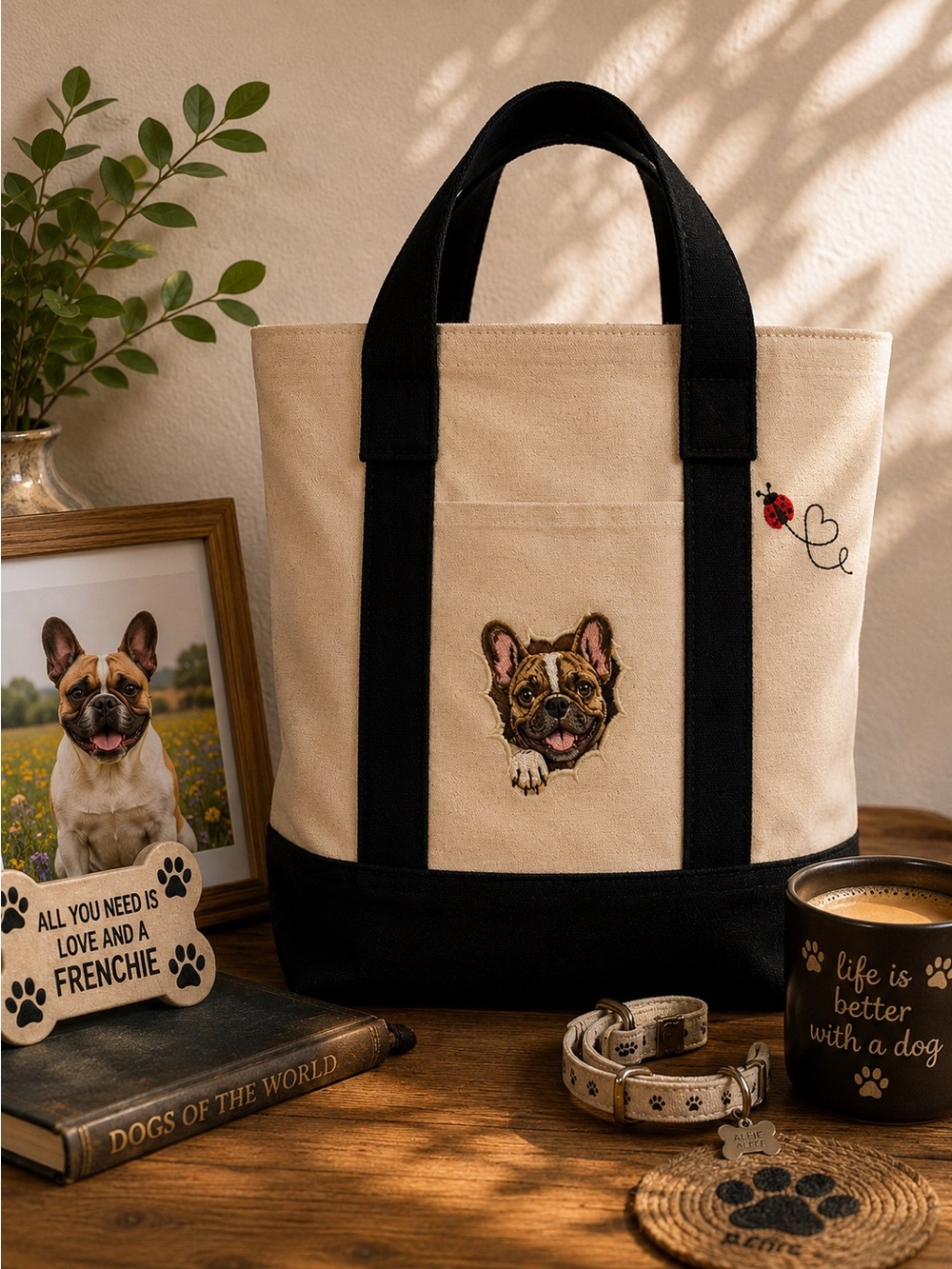 🐾 French Bulldog Embroidered Canvas Tote – Handmade | NEW